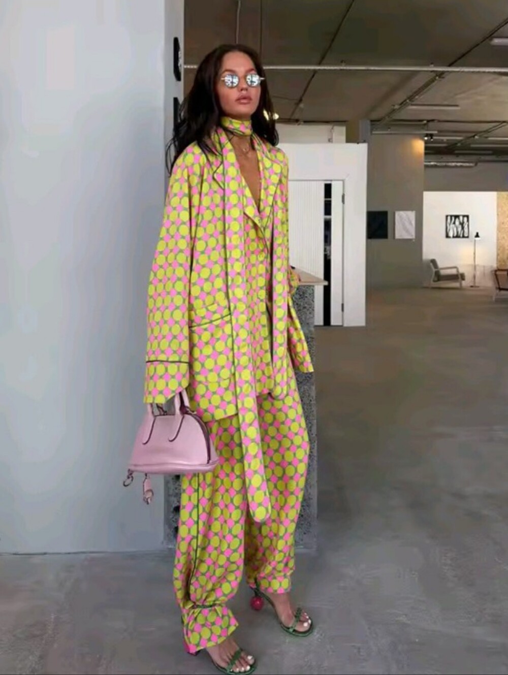 Vacation Geometric Printed Loose Pants Set Women Lapel Full Sleeve Pocket Shirts